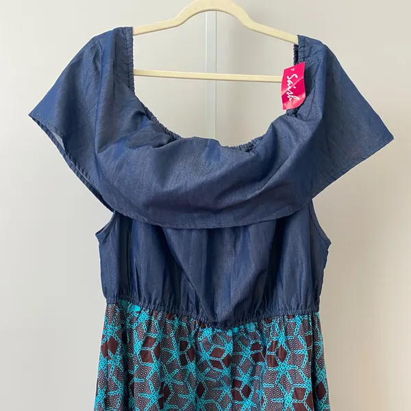 Saish Cotton Boho Beachy Relaxed Lagenlook Off Shoulder Maxi Dress Free Blue - Image 2