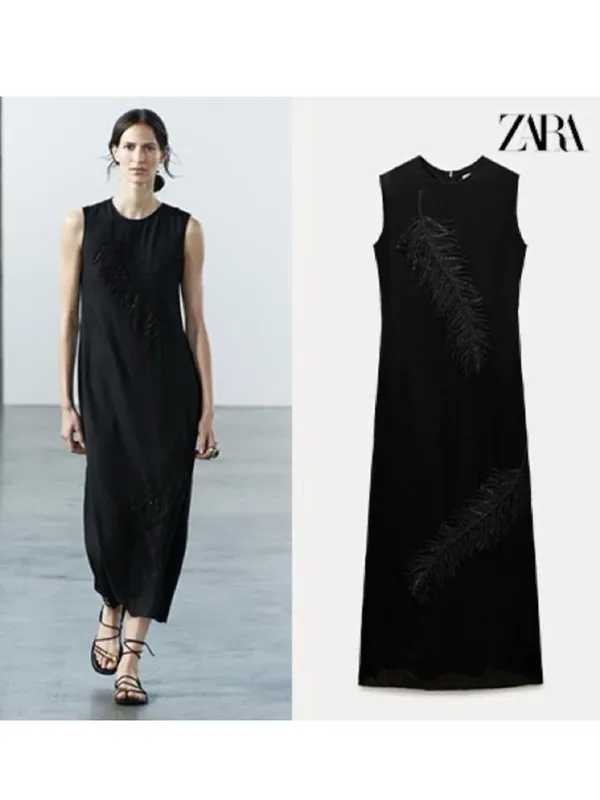 Zara Embellished Beaded Black Feather Midi Maxi Dress- ZW Collection NEW‎ - Image 2