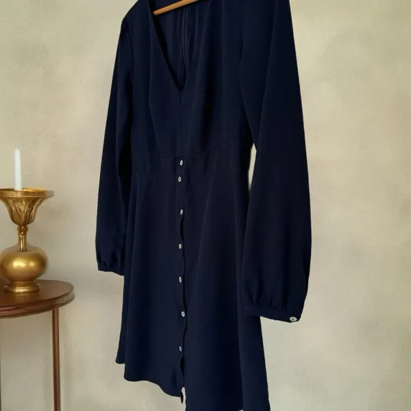 HUTCH Designer Button Front Mini Dress Navy Long Sleeve V-Neck Womens Sz S 4 - Image 6