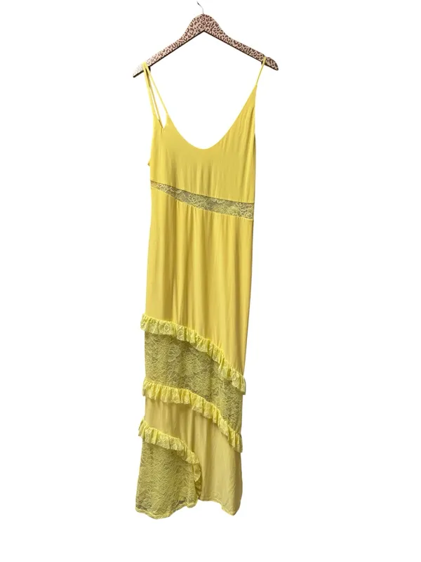 ASOS Cami Strap Lace Panel Maxi Dress Ruffle Detail Pastel Butter Yellow 12 NEW - Image 3