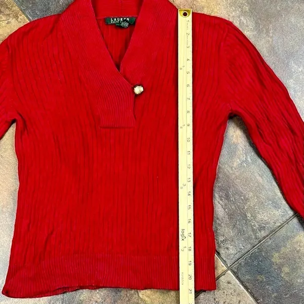 Lauren Ralph Lauren Red Ribbed Sweater Shawl Collar Gold Button Medium - Image 3