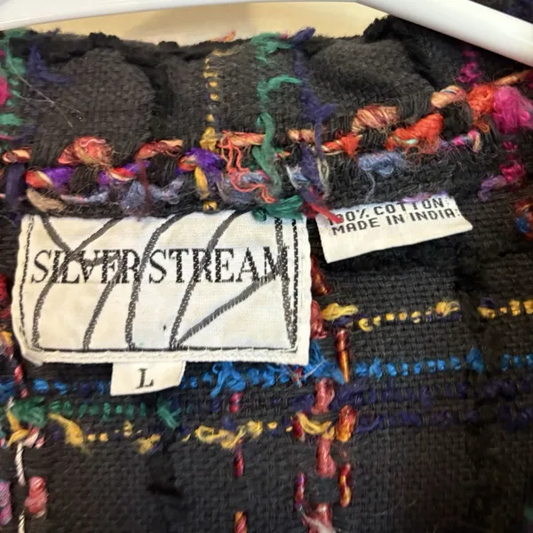 VINTAGE 80s Silver Stream 100% COTTON Jacket Large Black‎ Colorful Tweed Fringe - Image 2