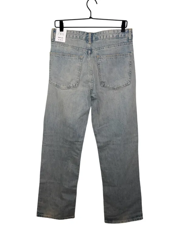 NWT Zara Wide Leg Jeans Mid Rise 100% Cotton Light Blue & Brown Wash Size 8 - Image 5