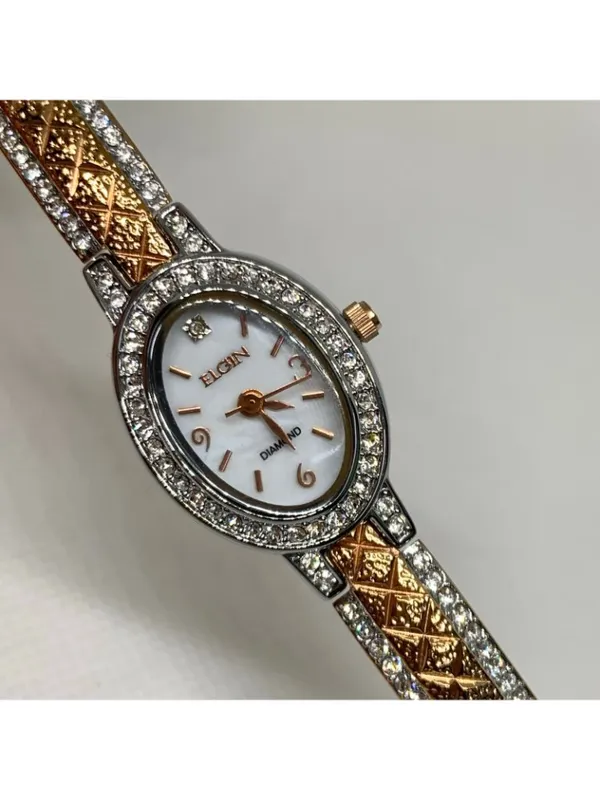 Elgin Diamond two Tone women’s watch oval 18mm Mop dial up to 7.5” running - Image 2