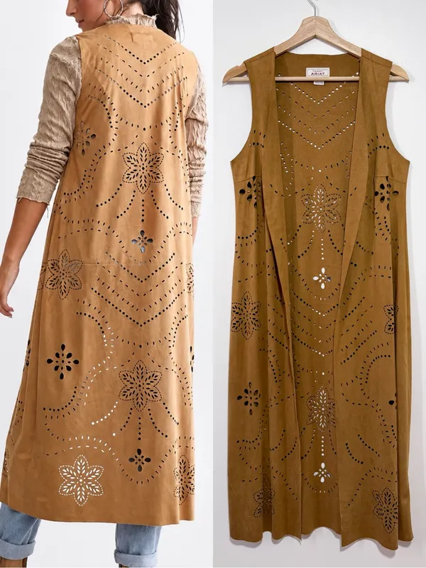 Ariat Magdelena Faux Suede Duster Long Vest Laser Cutout Floral Size Small - Image 2