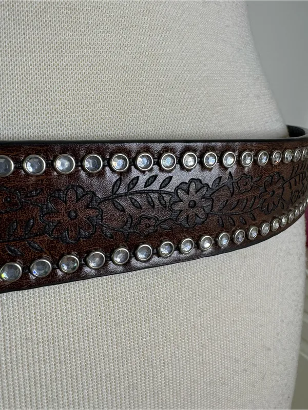Western Tooled Large Buckle Belt with Rhinestones Brown - Image 10