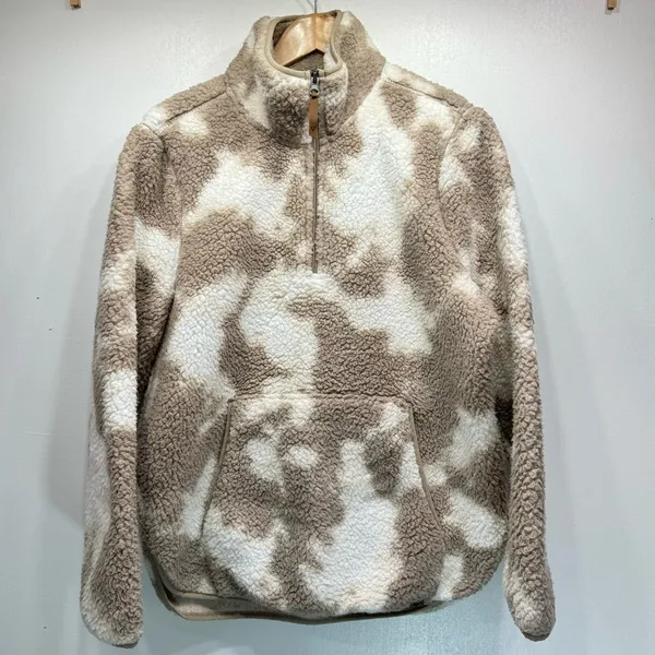 LIV Outdoor Aisley Tan & Cream Cow Print Sherpa Half Zip Pullover Pockets Size L - Image 2
