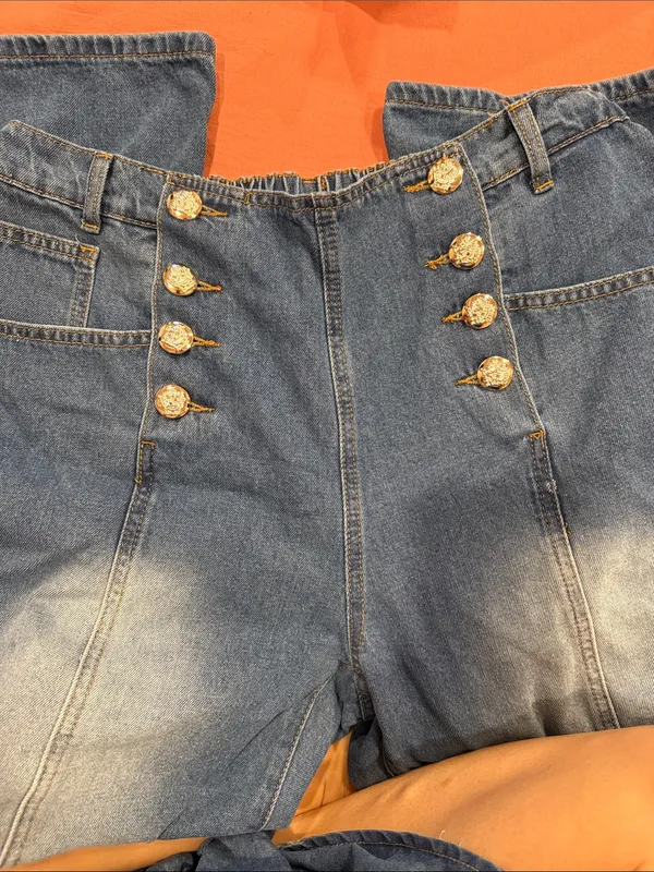 SHEIN | High-Waist Blue Denim Sailor Jeans | Size 0XL (12) PETITE - Image 2