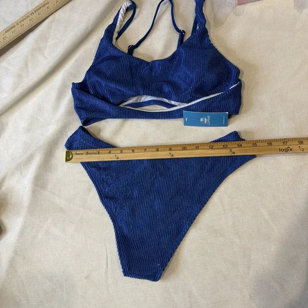 Cupshe Womens Bikini Set Textured,shine Cobalt Blue NWT Medium, Cheeky - Image 4