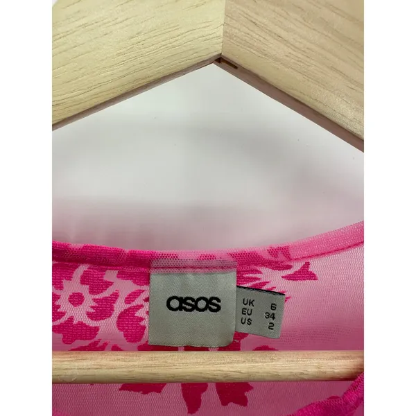 ASOS Pink Sheer Floral Short Sleeve Crew Neck Babydoll Top‎ Women's Size 2 - Image 5