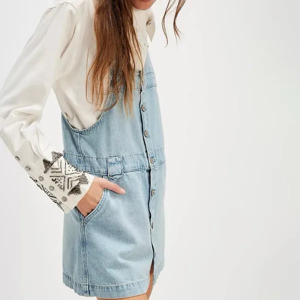 We The Free People‎ Edie Denim Skirtall Sz Large Skirt Overalls Boho Western - Image 9
