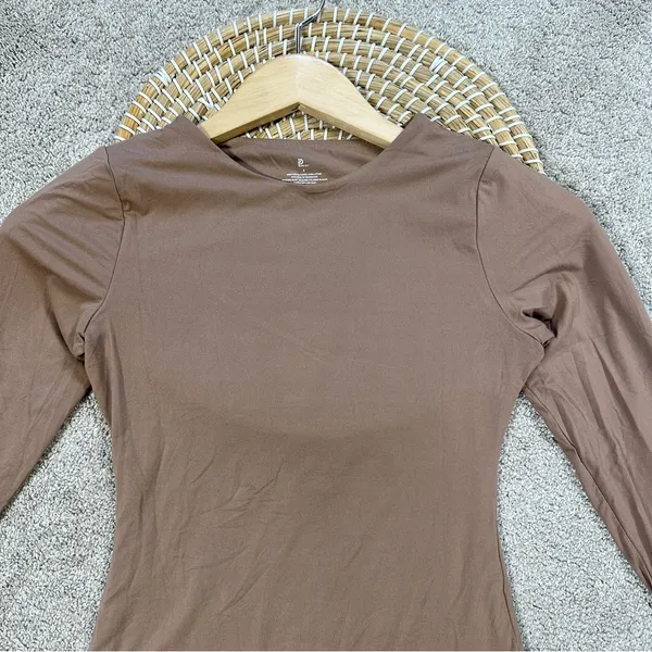 Pumiey Brown Crew Neck Long Sleeve Bodysuit Second-skin Feel Tops in Latte S - Image 4