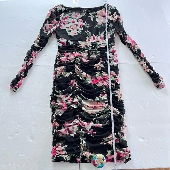Lulus Ayana Black Pink Floral Ruched Mesh‎ Bodycon Dress SMALL - Image 12