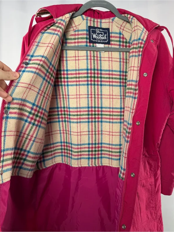 Vintage Woolrich Plaid Wool Lined‎ Hooded Utility Jacket in Magenta Size Small - Image 5