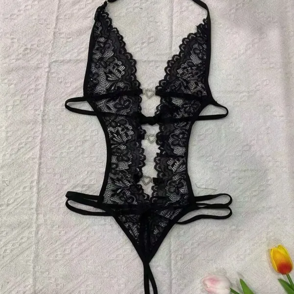 Women's Sexy Lace Teddy Bodysuit S Black Sheer Cutout Heart Rhinestone NWT - Image 3