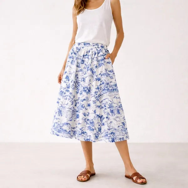 Joie 100% Linen Blue White Tropical Toile Midi Skirt Elastic Waist Size Large - Image 12