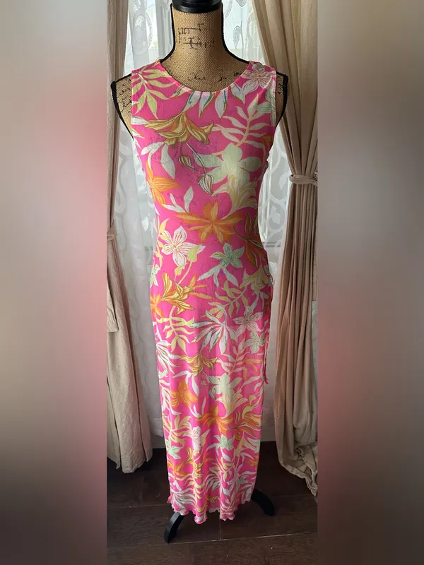 Derek Heart Pink Tropical Floral Swim Cover Up Dress Sz Small Side Tie Slits - Image 2