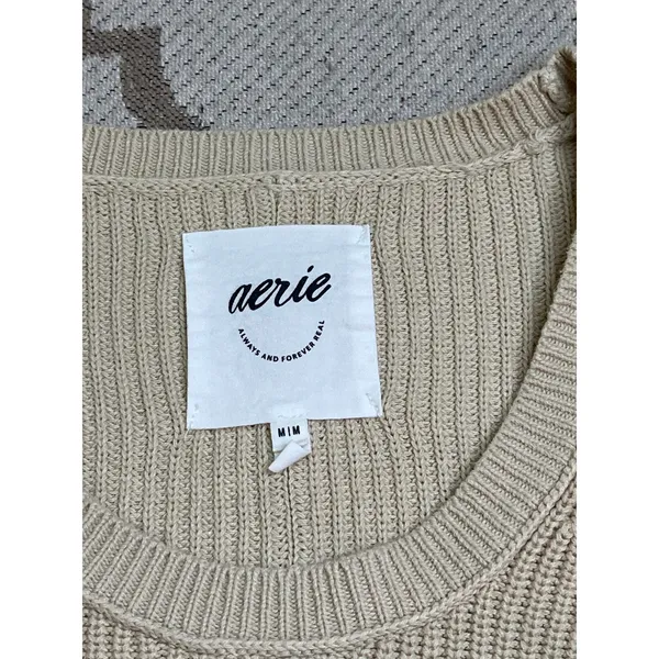 Aerie Ribbed Knit scoop neck Sweater Balloon Sleeve Cropped Relaxed Fit Size M - Image 3