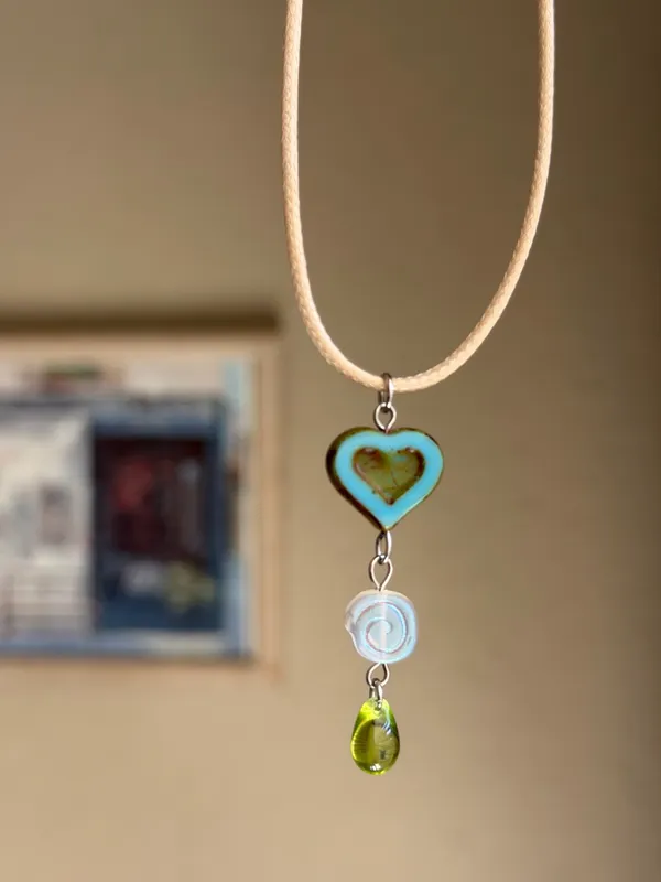 Handmade Czech glass beads fairy whimsy cute necklace🍃🌀🩵 - Image 4