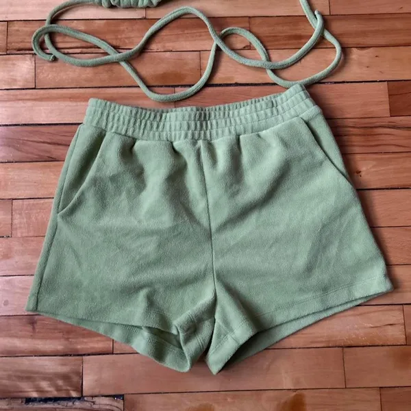 Fuzzy Bikini Shorts Set Chartreuse Sage Green Small Women's Night Wear Summer - Image 3