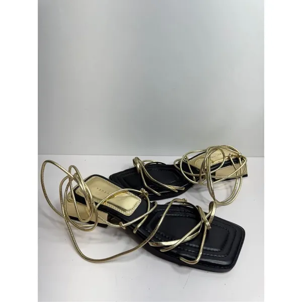 Top Shop Ankle Wrap Sandals Size‎ 6US Gold Black Square Toe Block Heel - Image 5