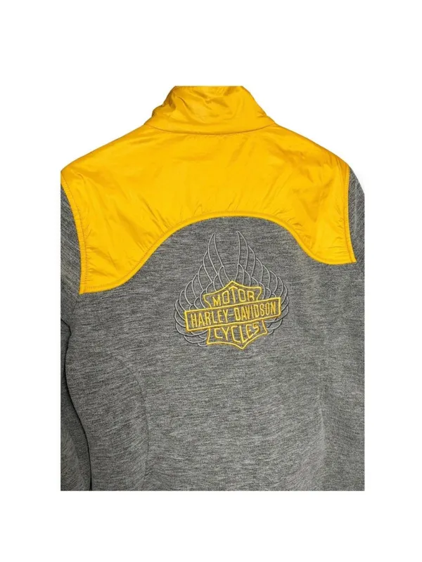 Harley-Davidson Womens Gray Fleece Yellow Quilted Shoulder Zip Jacket Medium Ha - Image 2
