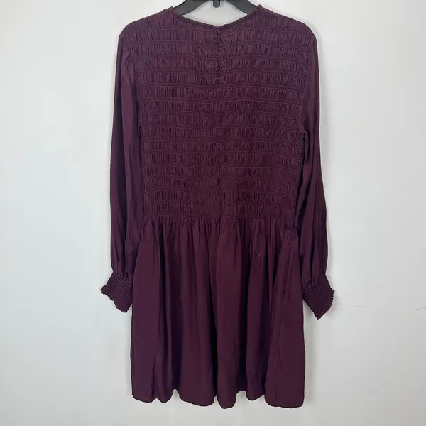 Madewell Long-Sleeve Smocked Mini Dress Dark Pomegranate Crepe Large NWT - Image 9