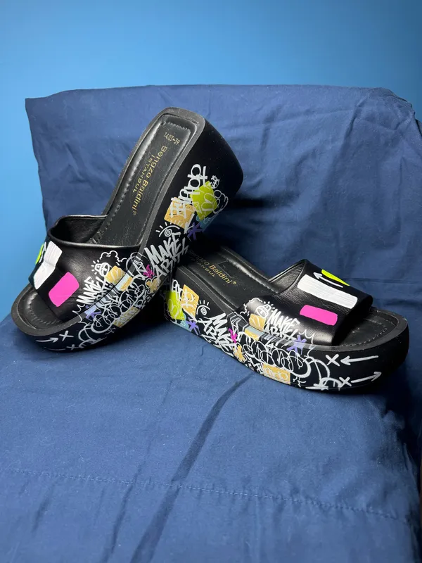 Bengzo Baldini Istanbul Hand-Painted Platform Slides Black Sandals - Image 4