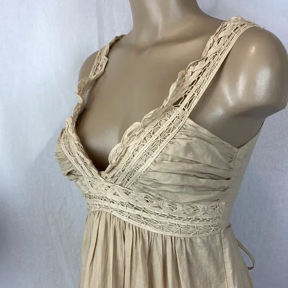 Tan Cotton Crochet Lace Trim Long Sleeveless Maxi Dress M - Image 3