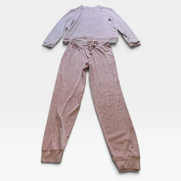 Juicy Couture Pink Velour Rhinestone Logo Lounge Set Top & Joggers Medium - Image 2