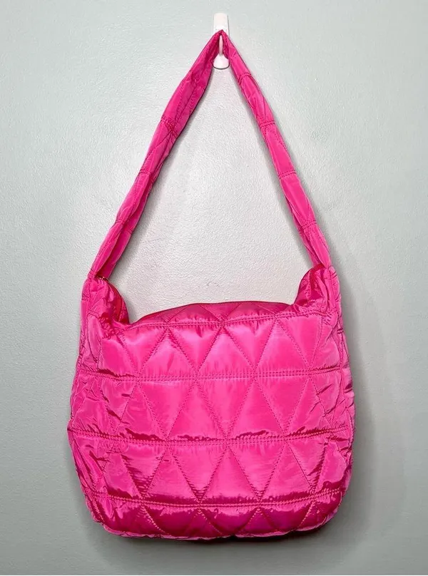Pink Quilted Puffer Shoulder Bag Lightweight Hobo Bag Handbag New - Image 4