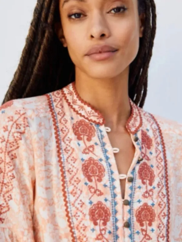 Anthropologie Peach Embroidered Babydoll Tunic Boho Western Festival blouse - Image 3