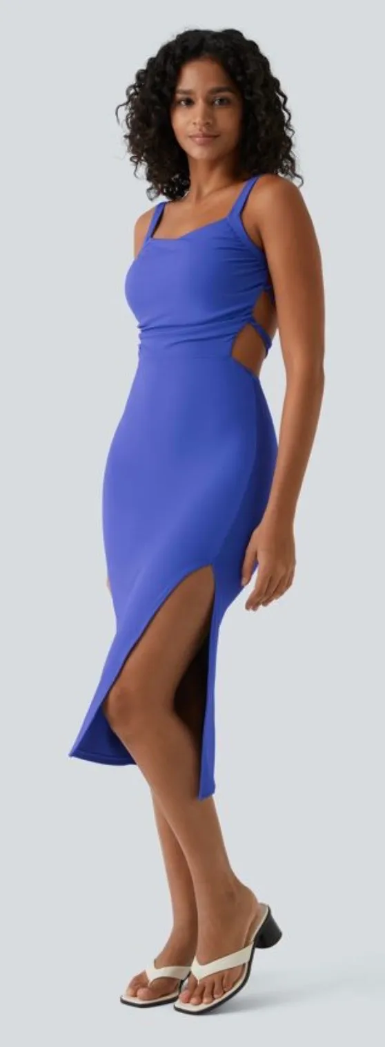 Halara Ruched Lace Up Bodycon Midi Casual Dress - Image 3