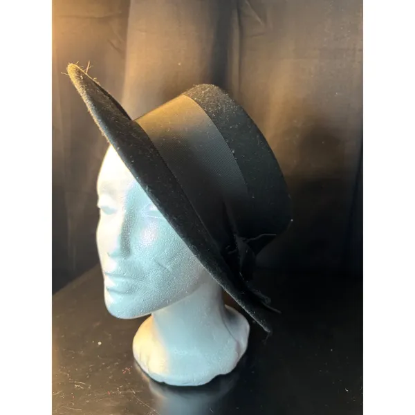Vintage Black 100% Wool Boater Hat Made in USA Grosgrain Ribbon Bow WPL 4384 - Image 6