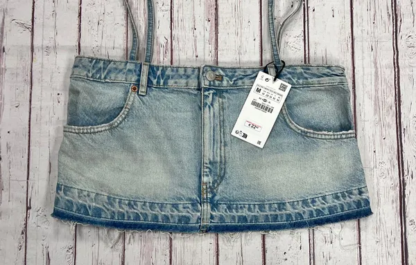 ZARA NWT Cropped Denim Jean Top Distressed w/ Spaghetti Straps Light Blue Wash - Image 5