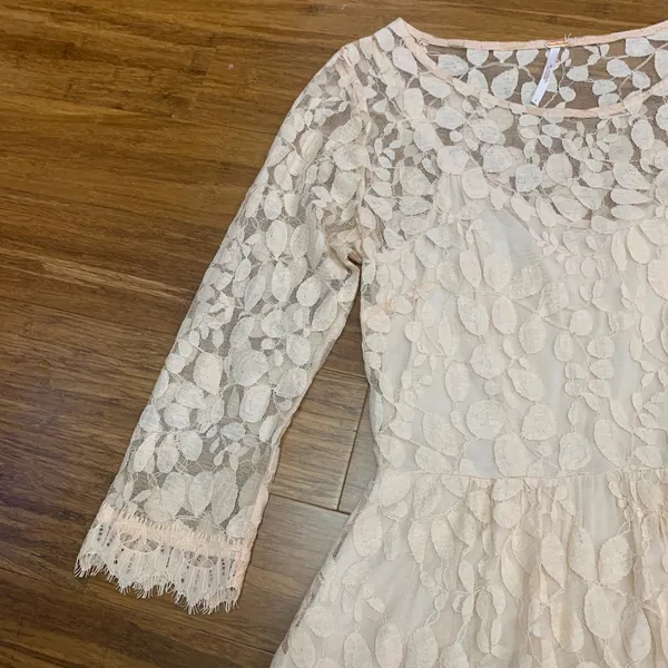 Free People Lace Dress Womens Size 2 Long Sleeve Beige‎ Hi Low Hem Summer Boho - Image 2