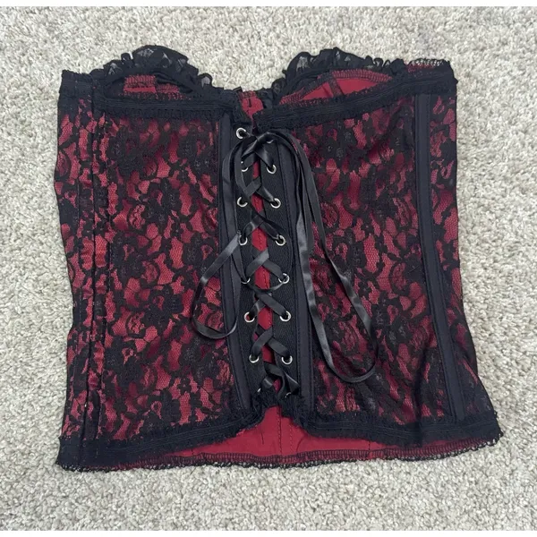 Black Red Lace Bustier Corset Top Strapless Gothic Victorian Style Size M - Image 5