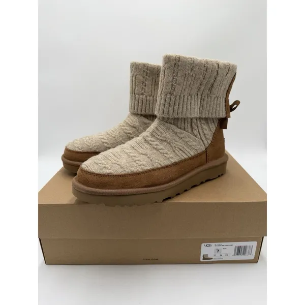 Women's UGG Classic Mini Cabelle Chestnut Suede/Knit Boot Sz 7 New In Box - Image 2