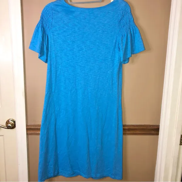 TALBOTS SMOCKED SLEEVE KNIT SHIFT DRESS Blue‎ SIZE Small - Image 2