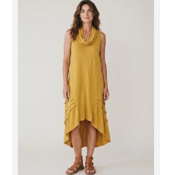 For Cynthia Mustard Yellow Linen Blend Cowl Neck Tulip Hem Midi Dress‎ Small - Image 9