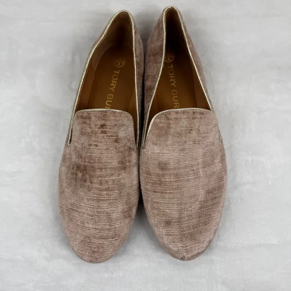 Tory Burch Dusty Rose Velvet Ribbed Smoking Slipper Loafers Gold Trim Flats 9.5‎ - Image 2