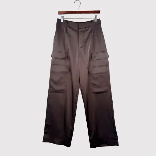 The Noli Shop Womens Pants Brown Milan Satin Cargo Relaxed Full Length Trouser 8 - Image 2