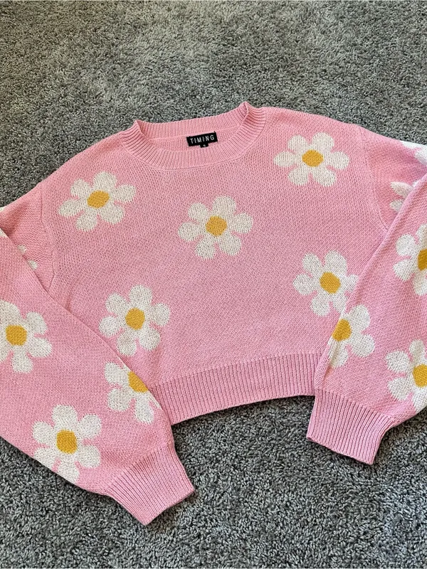 Timing Pink Daisy Crewneck Sweater - Image 2