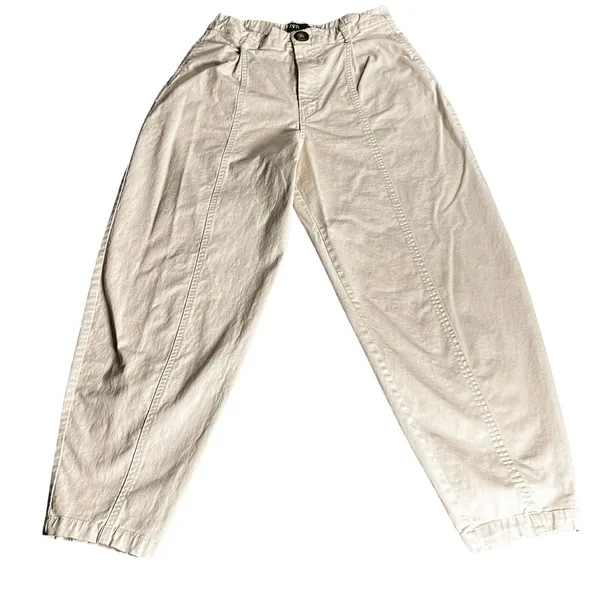 Zara Cream Pleated Barrel Leg Trousers Cotton Blend Size M - Image 3
