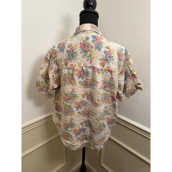 Vintage Rosettes Floral Linen Blend Top Cottage Button Up Short Sleeve Blouse - Image 5