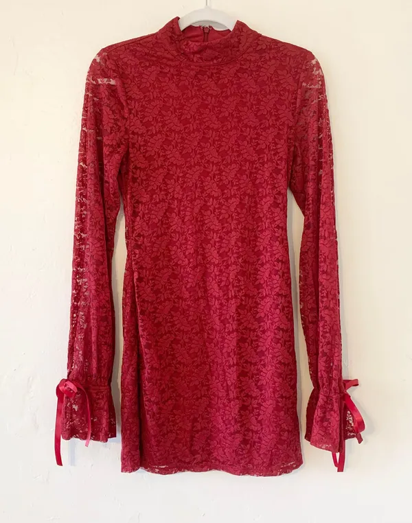 Revolve Lovers + Friends Talia Lace Long Bell Sleeve Mini Dress in Ruby Red - Image 2