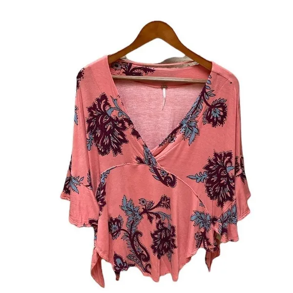Free People Maui Wowie Pink Paisley Boho Top XS Oversized Flowing Side Ties - Image 11