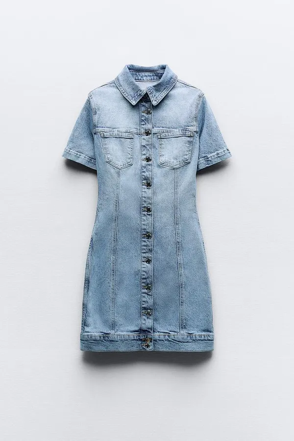 ZARA Dress mini denim jeans button up collar casual short sleeve - Image 3