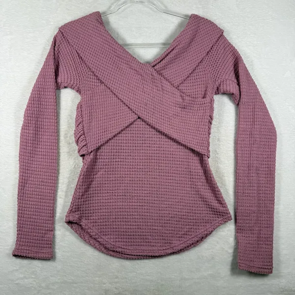 Free People Dusty Rose Waffle Knit Criss Cross Thermal Top Small OB1185373 - Image 8