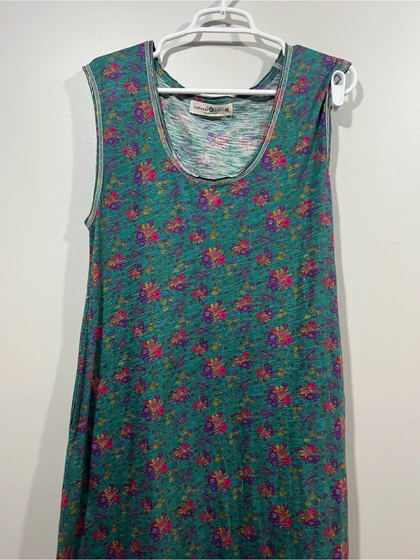 Natural Life Cotton Teal Floral Sleeveless Maxi Dress Medium - Image 2